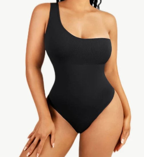 Ribbed One Shoulder Shaping Thong Bodysuit